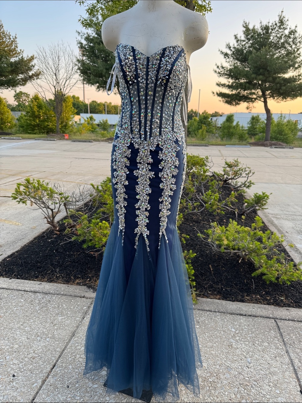 Jovani Navy Strapless Beaded Mermaid Gown